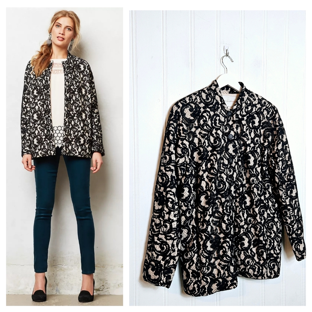 Paul & Joe Sister Jacket Size S Cardina Anthropologie Floral Lace Black Cream